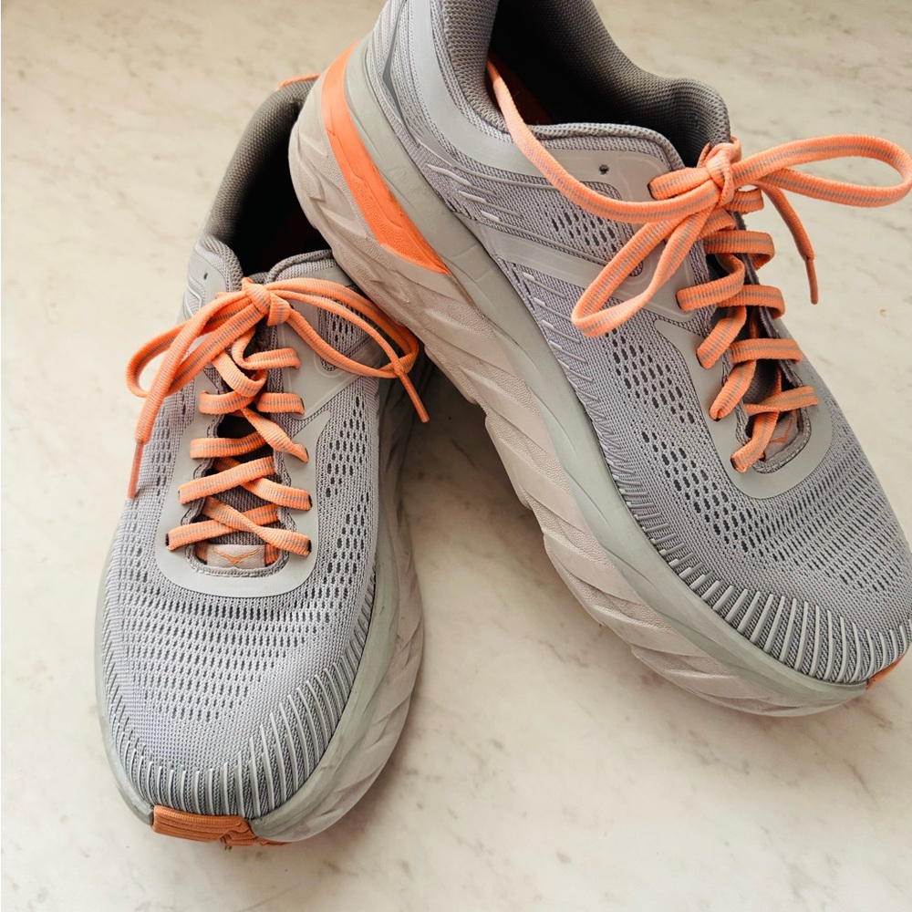 Women's Hoka Bondi 7 Gray and Orange Athletic Shoes
